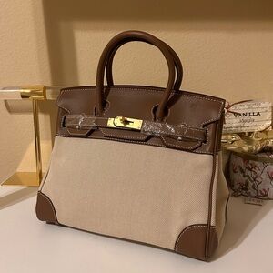 30cm Leather & Canvas Combo Etaupe Satchel